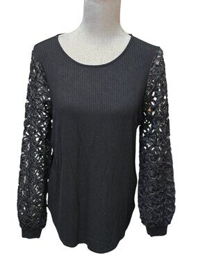 Rio & Rian Women's Black Lace Long Sleeve Ribbed Top Medium NWT